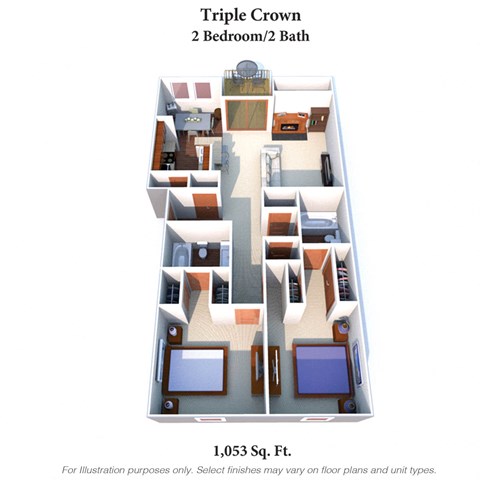 Floor plan for 2 beds, 2 baths, 1053 sqft
